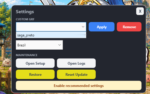Janela Settings do Auto Patch Odin com a seção CUSTOM GRF, o arquivo saga_preto selecionado e os botões Apply e Remove